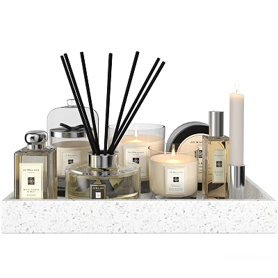 Elegant Decorative Ornament Set Featuring Reed Diffusers Candles And Fragrance Bottles On Textured Tray 3d model