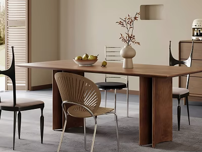 Stylish Wooden Dining Table Set With Various Designed Chairs Vase And Fruit Bowl 3d model