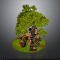 Rustic Outdoor Scene With Green Tree Telescope Target Tools And Circular Grass Base