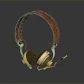 Premium Computer Headphones With Red Leather Headband Golden Ear Cups Metal Components And Microphone