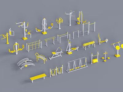 Public Community Outdoor Fitness Facilities With Various Exercise Equipment And Benches 3d model