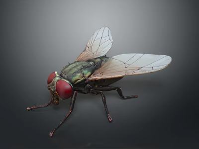 Detailed House Fly With Red Eyes Green Metallic Body And Transparent Wings On Gray Background 3d model