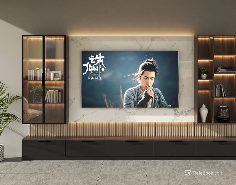 Modern TV Stand With Marble Wall Display Cabinets And Decorative Items 3d model 