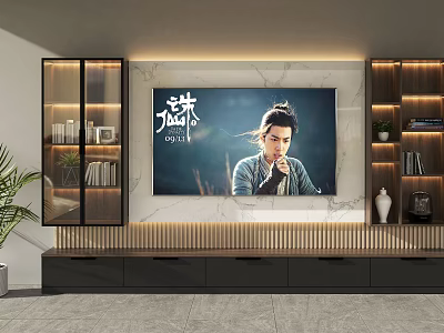 Modern TV Stand With Marble Wall Display Cabinets And Decorative Items 3d model