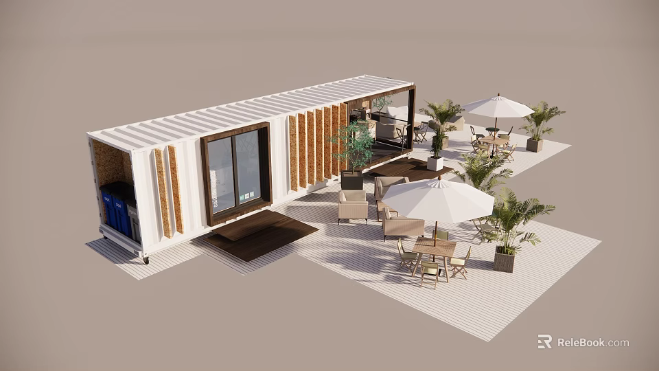 Modern Shipping Container Building With Outdoor Patio Umbrellas Furniture And Green Plants 3d model 