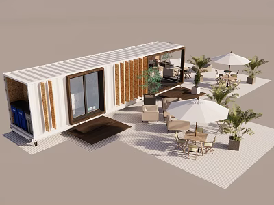 Modern Shipping Container Building With Outdoor Patio Umbrellas Furniture And Green Plants 3d model