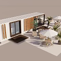 Modern Shipping Container Building With Outdoor Patio Umbrellas Furniture And Green Plants