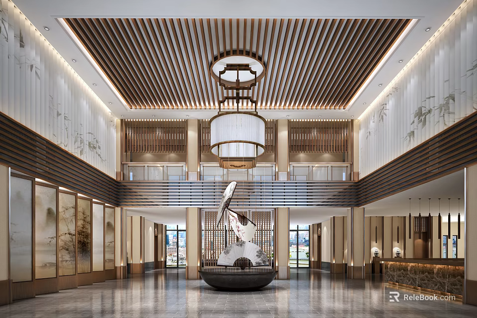 Chinese Style Hotel Lobby Featuring Wooden Ceiling Large Chandelier Central Decoration And Marble Floor 3d model 