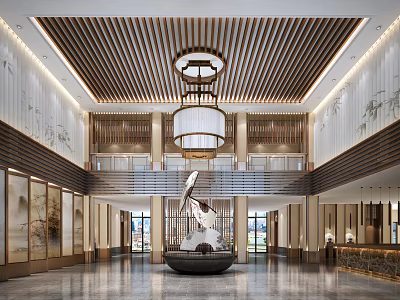 Chinese Style Hotel Lobby Featuring Wooden Ceiling Large Chandelier Central Decoration And Marble Floor 3d model
