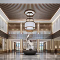 Chinese Style Hotel Lobby Featuring Wooden Ceiling Large Chandelier Central Decoration And Marble Floor