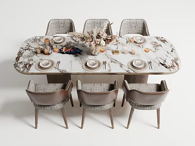 Elegant Marble Top Dining Table Set With Six Woven Chairs And Decorative Centerpiece 3d model