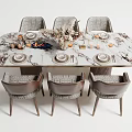Elegant Marble Top Dining Table Set With Six Woven Chairs And Decorative Centerpiece