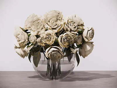 White Roses Arrangement In Transparent Glass Vase With Green Leaves On Gray Surface 3d model