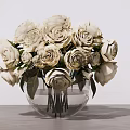 White Roses Arrangement In Transparent Glass Vase With Green Leaves On Gray Surface