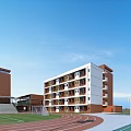 Modern Multi Story School Building With Red White Facade Track Field And Playground