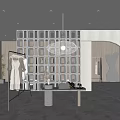 Modern Beige Clothing Store Interior With Mannequin Dress Display Table Wooden Shelving And Hanging Lamp
