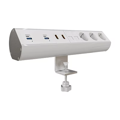 White Desktop Power Strip With USB Ports And Clamp Mount 3d model