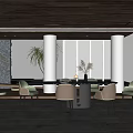 Elegant Modern Restaurant Dining Area With Wooden Ceiling Large Windows Lake View And Stone Pillars