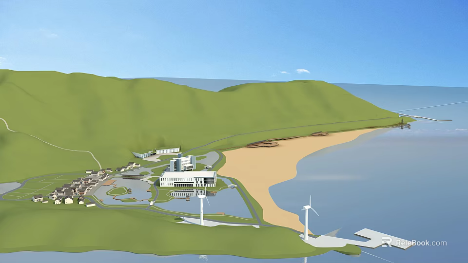 Seaside Post Station With Green Hills Sandy Beach Wind Turbines And Coastal Facilities 3d model 