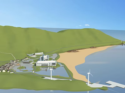 Seaside Post Station With Green Hills Sandy Beach Wind Turbines And Coastal Facilities 3d model