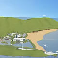 Seaside Post Station With Green Hills Sandy Beach Wind Turbines And Coastal Facilities
