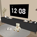 Modern TV Stand with Large Screen TV Floor Lamp Stuffed Bear and Round Rug