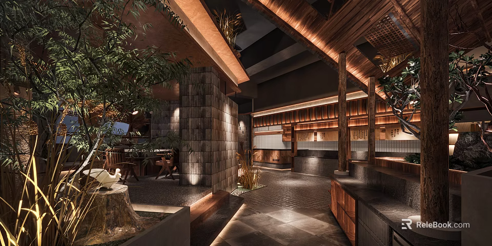 Rustic Modern Restaurant Interior With Wooden Beams Green Plants And Stone Accents 3d model 