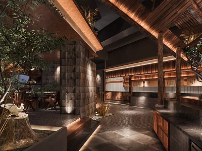 Rustic Modern Restaurant Interior With Wooden Beams Green Plants And Stone Accents 3d model