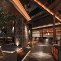 Rustic Modern Restaurant Interior With Wooden Beams Green Plants And Stone Accents
