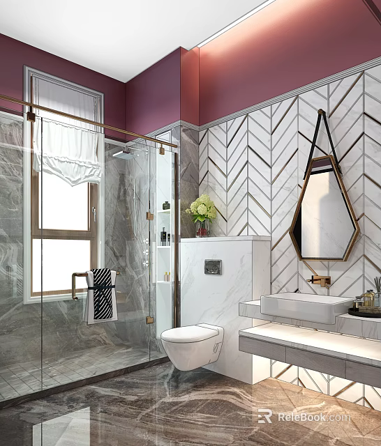 Modern Luxury Bathroom Interior With Chevron Marble Tiles And Clear Glass Shower Enclosure Design 3d model 