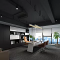 Modern Public Office Space Featuring Worktable Chairs Whiteboard Charts Large Windows City View and Greenery