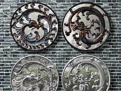 Traditional Chinese Decorative Lattice Windows on Brick Wall with Intricate Dragon and Cloud Patterns 3d model