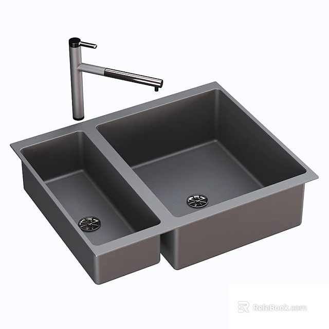 Gray Double Bowl Kitchen Sink with Modern Faucet for Home Kitchen Use 3d model 