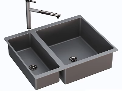 Gray Double Bowl Kitchen Sink with Modern Faucet for Home Kitchen Use 3d model
