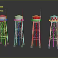 Colorful Water Tower 3D Models Featuring Metal Frame And Support Base