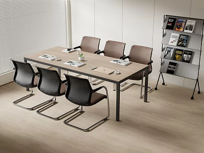 Modern Conference Table in Conference Room with Six Chairs Bookcase Books White Walls Wooden Flooring 3d model