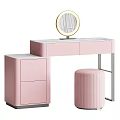 Modern Light Colored Dressing Table With Round Mirror Drawers And Striped Stool 3d model