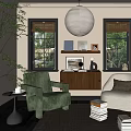 Green And Beige Plush Lounge Chairs Near Windows With Round Light Wooden Cabinet And Books