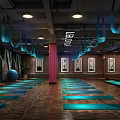 Contemporary Fitness Gym Interior With Pink Pillars Exercise Equipment Wall Posters Yoga Mats And Lights