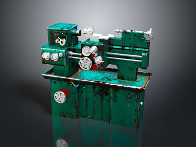 Green Old Lathe with Multiple Knobs Rusty Surface and Operating Table 3d model