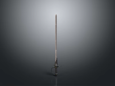 Long Metal Sword With Sharp Blade And Decorative Hilt Standing On Gray Background 3d model