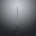 Long Metal Sword With Sharp Blade And Decorative Hilt Standing On Gray Background