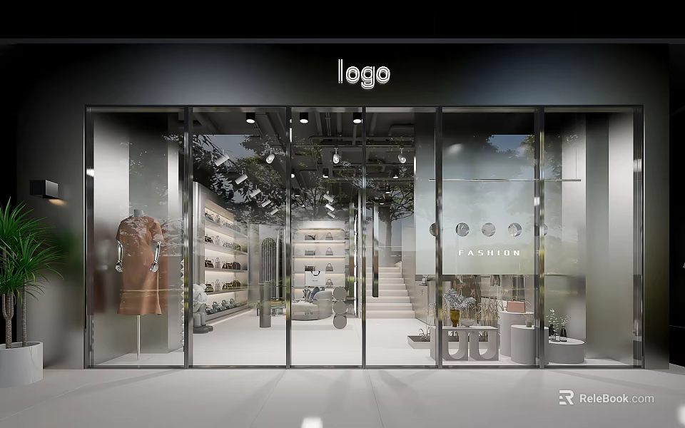 Modern Fashion Store with Glass Facade Interior Clothing Shoes Display Bright Lighting and Staircase 3d model 