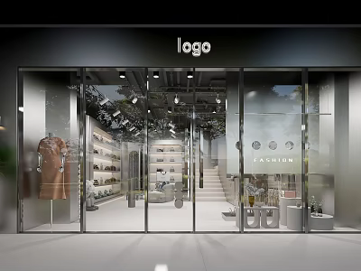 Modern Fashion Store with Glass Facade Interior Clothing Shoes Display Bright Lighting and Staircase 3d model