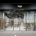 Modern Fashion Store with Glass Facade Interior Clothing Shoes Display Bright Lighting and Staircase
