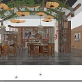 Traditional Chinese Restaurant With Wooden Tables Stools Hanging Green Plants Lanterns And Fu Decoration