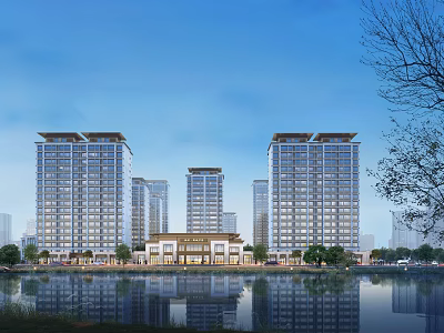 Modern High Rise Residential Buildings With Waterfront View Reflection And Green Surroundings 3d model