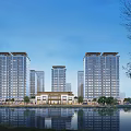 Modern High Rise Residential Buildings With Waterfront View Reflection And Green Surroundings