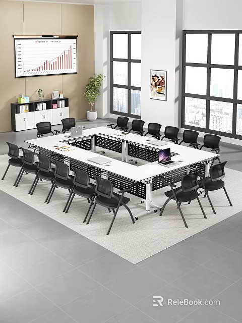 Modern White Conference Table With Black Chairs Laptop Large Windows And City View 3d model 