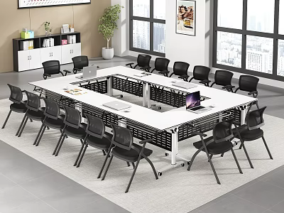 Modern White Conference Table With Black Chairs Laptop Large Windows And City View 3d model